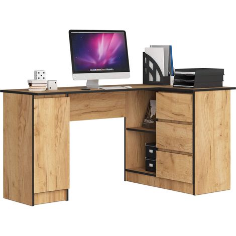 Akord – Bureau d'angle 155 cm – 3 tiroirs – 4 étagères – Panneau stratifié – Résistant à l'abrasion – Dimensions 155x85x77 cm (1/5)