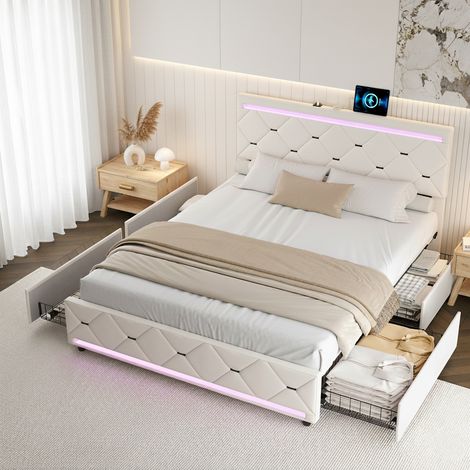 Lit 140x190 cm avec 4 tiroirs, lit adulte double avec sommier, bandeau lumineux LED, port USB, capitonné velours, style scandinave - Beige (1/5)