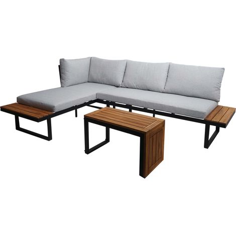 Mueble de jardín sofá para exterior con mesa y estantes laterales, estructura de aluminio de madera y cojines gris claro 040008315