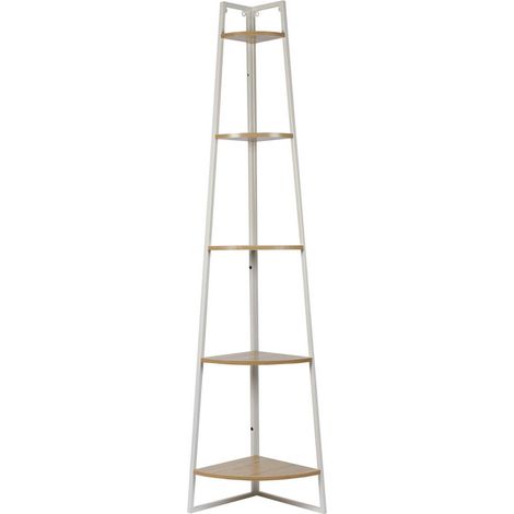 Altobuy – Etagère d'angle métal blanc – Plateau imitation bois – Dimensions 34x34xH180 cm – Structure panneau de particules et métal (1/5)
