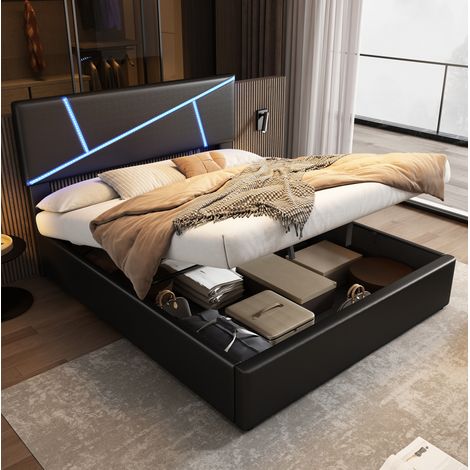 Cama tapizada 90/200 cm negra de PU con LED y arcón hidráulico (1/5)