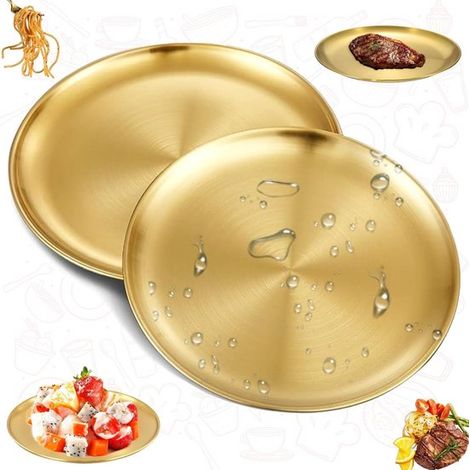 Lot de 2 paniers de rangement ronds dorés - Plateau rond doré - Plateau décoratif en acier inoxydable pour la maison, les activités de plein air, le camping et les pique-niques (1/5)