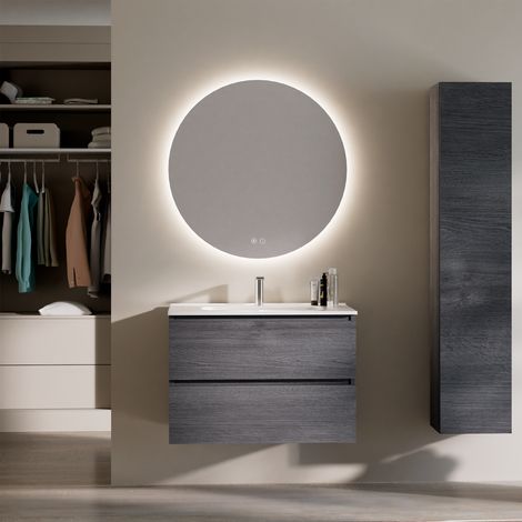 Feel Your Bath, Mueble de Baño Serie PANTER Gris Antracita 80 cm con Encimera Integrada y Espejo Redondo LED 80 cm, 2 Cajones (1/5)