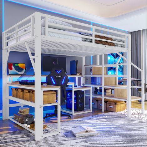 cama alta de metal y MDF blanco 140x200 cm con escritorio, estantes, USB y luz LED (1/5)