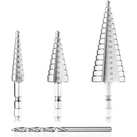 Foret Etagé, Foret Fraise Metal HSS 4PCS 4-12/20/32mm Meche Etage Perceuse Acier Fraise Forage Conique Triangle avec Revêtement Titane Visseuse Percage pour Acier/Bois/Laiton/Plastique/PVC (1/4)