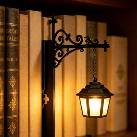 Lampe Book Nook style réverbère vintage, mini lampe LED bibliothèque, décoration féerique pour étagère, coin lecture et maison (1/5)