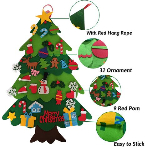 Sapin de Noël en feutre avec guirlande lumineuse LED et 32 décorations suspendues, décoration murale pour maison (1/5)