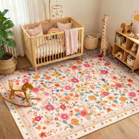 Tapis Lavable 90x150 cm, Style Bohème, Poils Courts, Antidérapant, Imprimé Floral, pour Salon, Chambre à Coucher, Salle à Manger, Bureau, Chambre d'enfant, Rose/Beige