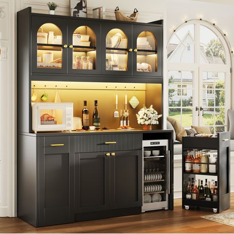 MODFU – Armario alto de cocina 120x40x187 cm de MDF/metal con LED RGB, vitrinas y estantes correderos, carga 100 kg – Negro (1/5)