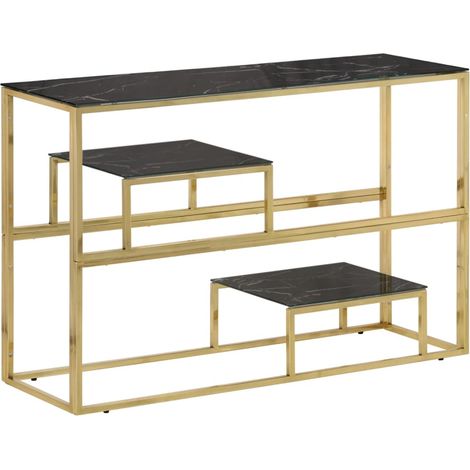 Table console，Table d'appoint，Bout de canapé，Meuble d'entrée doré acier inoxydable et verre trempé