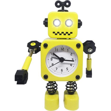 Réveil robot, réveil silencieux en métal inoxydable avec yeux lumineux clignotants et bras rotatif, cadeau pour enfants (jaune) (1/5)
