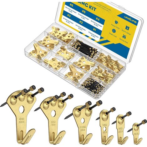 Kit de suspension de 152 pièces, 4,5 kg, 9,1 kg, 13,6 kg, 22,7 kg, 34 kg, 45,4 kg - Crochets de suspension robustes pour cloison sèche et bois, crochets de suspension pour photos, miroirs (1/5)
