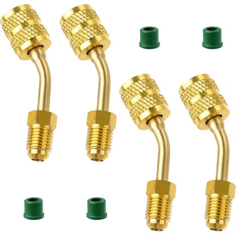 Connecteur R410A Adaptateur de connecteur de climatisation coudé 4 pièces Connecteur en laiton massif pour service de climatisation et de réfrigération 5/16 à 1/4SAE avec 4 joints en laiton (1/5)