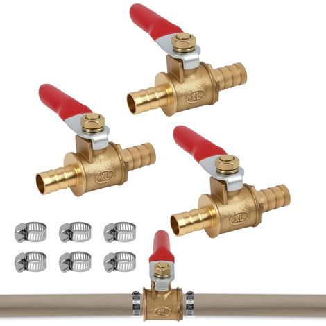 Set of 3 Brass Ball Valves, Double 8mm Nozzle, Red Handle, 15kgf/cm² Pressure, for Fuel (1/5)