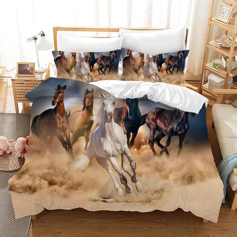 Parure de lit avec Housse de Couette Cheval 3 pièces Impression 3D Animaux Motif Cheval Microfibre avec taie d'oreiller pour Adolescents Enfants (F, 220x240cm) (1/5)