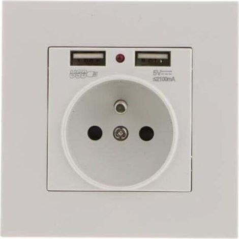 Set di 2 prese a muro con doppia porta USB, 5V/2100mA. Realizzate in plastica PC ignifuga. Capacità di carico 16A. Si raccomanda l'installazione da parte di un elettricista qualificato. (1/4)