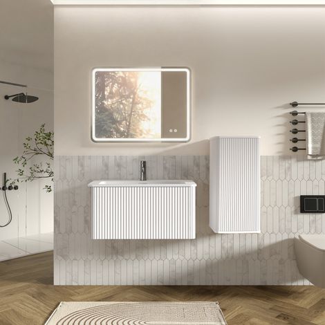 Set mobili bagno con lavabo e specchio LED, design moderno, bianco, vetro, MDF, compensato, solid surface (1/5)