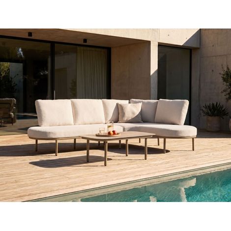 Sofá de exterior con mesa de centro 4 plazas estructura de aluminio ovalado tablero de metal marrón cojines beige claro Pollina (1/5)