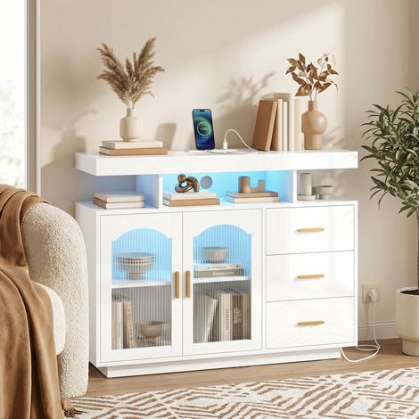 Aparador con LED RGB de 7 Colores Tomas Puertos USB 3 Cajones Estantes Abiertos 2 Puertas Blanco Brillante 100x35x80 cm (1/5)