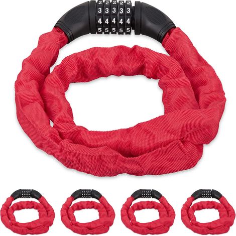 Relaxdays Set of 5 Combination Locks For Bikes, 5 Digit Code & Chain, Bicycle Security, Steel, Red