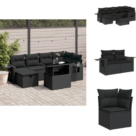 Salon de jardin 7 pcs avec coussins noir résine tressée - Ensemble Salon De Jardin - Mobilier De Jardin - Table Extensible - Chaise Pliante - Fauteuil Extérieur (1/5)