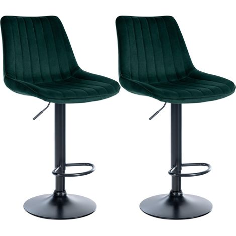 Juego de 2 taburetes de bar regulables en altura y giratorios 360° en terciopelo verde con costuras verticales y patas de metal negro 100006737