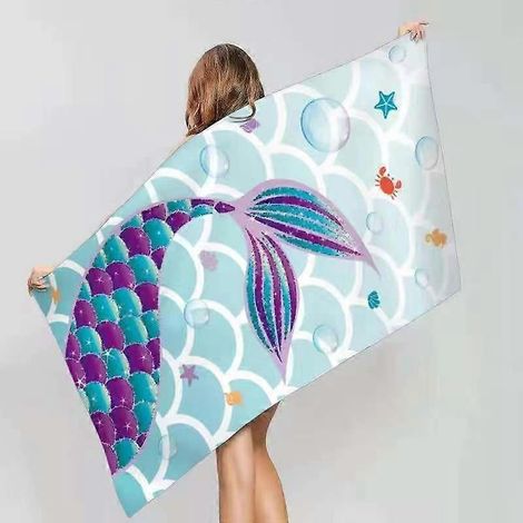 Serviette de plage sirène - 160 x 80 cm, serviette de bain pour enfants en coton éponge doux et absorbant, idéale pour les voyages, la douche, la natation et le camping. (1/4)