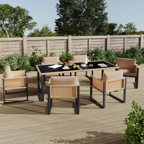 Set de jardin 6 places avec chaises, table en polyrotin, salon de jardin extensible, housses amovibles et lavables (1/4)
