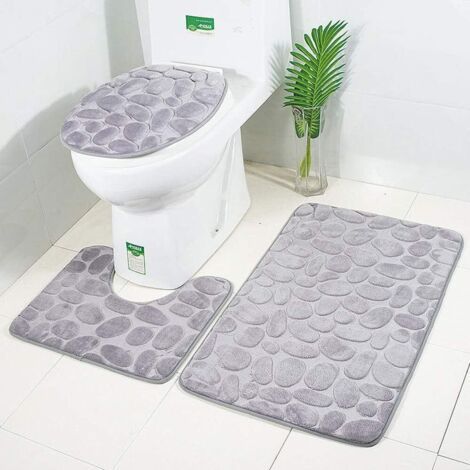 New Non-Slip Bath Mat, 3-Piece Bathroom Rug Set Contour Bathroom Rugs Toilet Rug (Grey V2) (1/5)