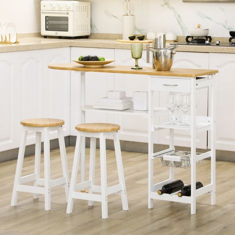 HOMCOM Bartisch-Set 119 x 38,5 x 88,5 cm mit abnehmbarem Korb und Flaschenhalter sowie 2 Hockern 29 x 29 x 55 cm, Weiß