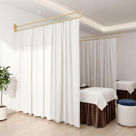 Rideaux de séparation en métal en forme de U avec crochet plat pour salon, spa, chambre à coucher et cliniques (tringle dorée, rideau blanc) (1/5)