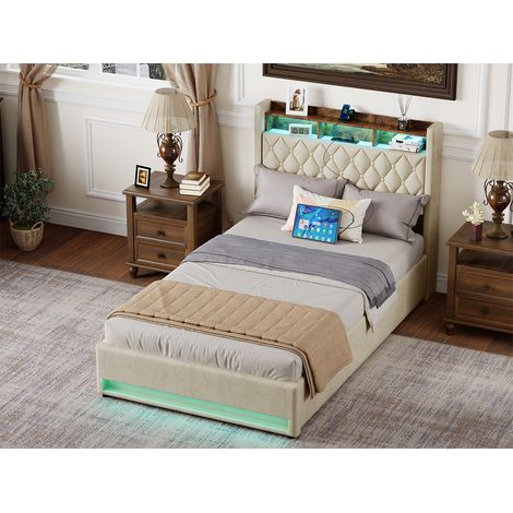 Lit capitonné 140x190 cm en velours beige avec rangement et LED USB (1/5)