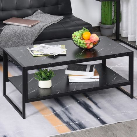 Table basse noire, table effet marbre avec étagère inférieure, pour salon ou bureau, design moderne, cadre en acier, 106x50x45 cm, Noir
