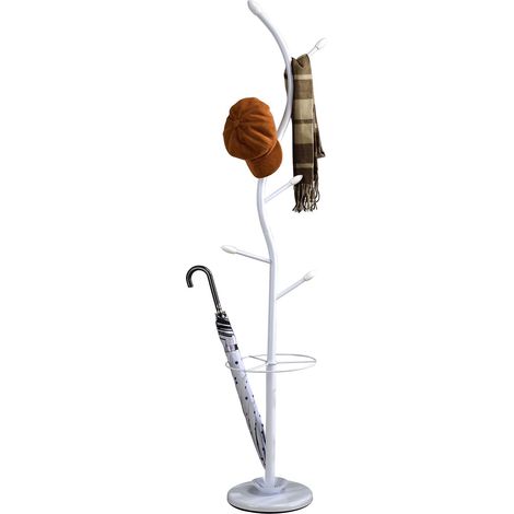 Idimex – Porte-manteaux 6 crochets en métal laqué blanc et bois massif – Design moderne pour entrée – Bac d'égouttement intégré