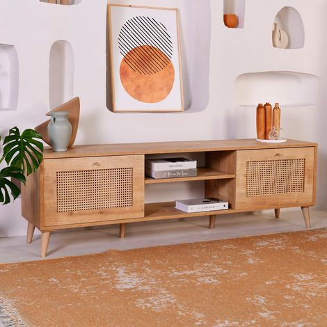 Mobile Porta tv Grassano, un Ripiano, Apertura a Ribalta, 2 Ante, 180x41x55h cm Marrone Rovere (1/4)