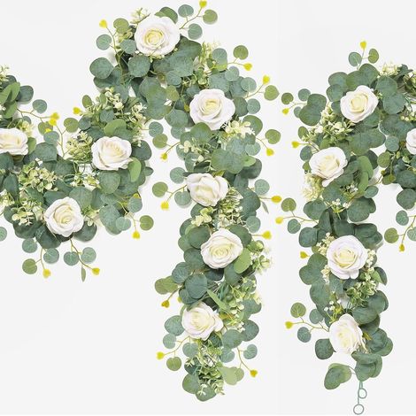 2 x Artificial Eucalyptus Garlands with White Roses, 180 cm Fake Ivy Hanging Flowery Garland for Wedding Arch, Bohemian Table Balcony Ceremony (1/5)