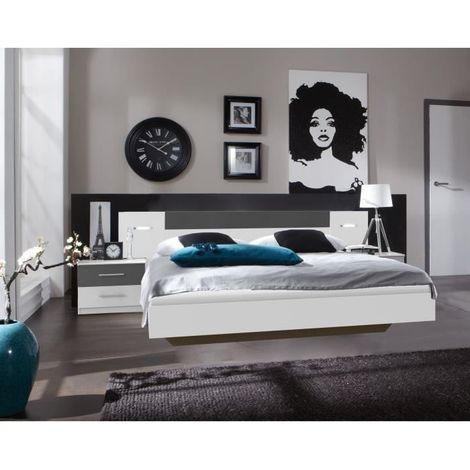 Lit adulte 160x200 cm avec 2 chevets et 2 liseuses – Design moderne blanc graphite – Rangement pratique avec tiroirs – Wimex