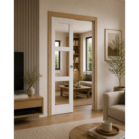 Porte Coulissante Kenya Blanc Vitrage Transparent H204 X L83 + Systeme Galandage Et Kit Finition Inclus (1/5)
