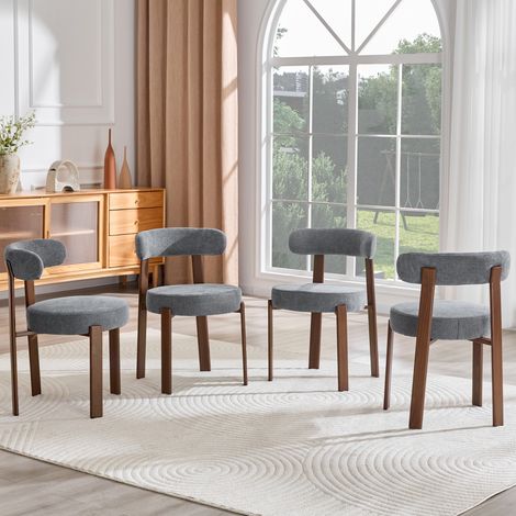 Set di 4 sedie da pranzo imbottite in lino con gambe in legno e schienale curvo, grigio, per soggiorno (1/5)