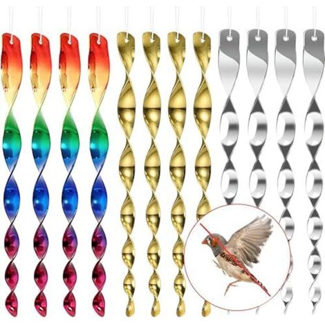 Lot de 12 tiges réfléchissantes anti-oiseaux, 3 couleurs, répulsifs à oiseaux à suspendre, répulsifs réfléchissants en spirale, pour garder les oiseaux loin de votre maison, jardin,