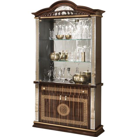 Vitrine 4 portes 1 tiroir bois vernis laqué brillant marron et doré Venus 105cm (1/2)