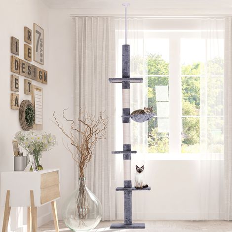 PawHut Kratzbaum deckenhoch Höhe 230-260 cm Katzenbaum mit Sisalstämme, Plattformen mehrstöckiger Katzenkratzbaum Kletterbaum für kleine & große Katzen, Grau