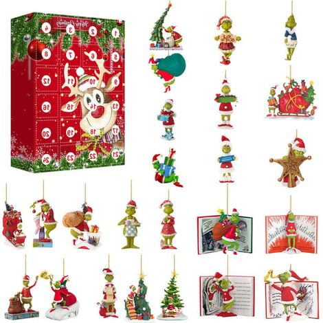 Calendrier de l'Avent 2025 Grinch (boîte surprise), pendentif 2D, décorations pour sapin de Noël (C) (1/2)