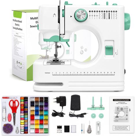 Mini machine à coudre pour débutants, machine à coudre électrique portable avec 12 programmes de couture, enfilage automatique, double aiguille, lumière LED, pédale de pied, 58 accessoires, idéale (1/5)