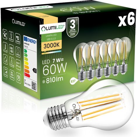 6 bombillas LED E27 A60 de 7W = 60W, 810lm, 3000K, luz cálida, 360°, filamento LUMILED