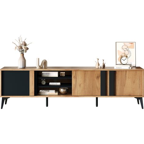 Meuble TV 180 cm en bois foncé et métal noir, avec 4 niches ouvertes, 3 portes et passe-câbles, pour téléviseur jusqu’à 80 pouces – CHICFURN (1/5)
