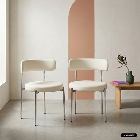 sweeek - Lot de 2 chaises rondes vintage acier chromé et simili cuir blanc cassé - Lola (1/5)