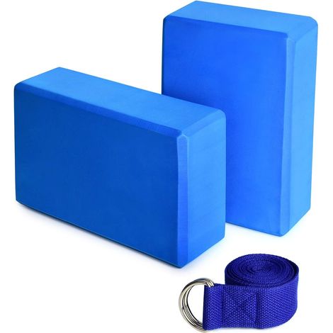 Ensemble d'accessoires de yoga : brique de yoga en mousse EVA haute densité, brique d'entraînement, couleur unie, brique de danse sportive, brique double + sangle d'extension, bleu (1/5)