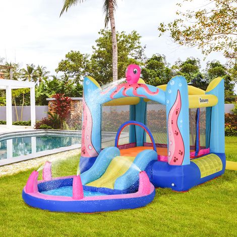 Outsunny Selbstaufblasende Hüpfburg inkl. Gebläse, Flicken, 1 Trampolin, 1 Wasserbecken, 1 Rutsche,  360 x 175 x 180 cm