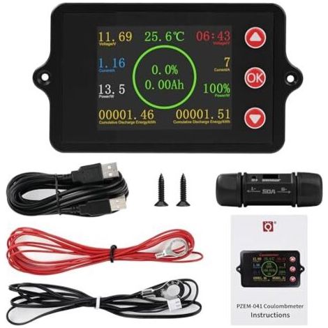 Moniteur de batterie DC 8-100V 50A testeur indicateur courant Batterie capacité moniteur avec capteur shunt en cuivre manganèse température et fonction d'alarme -